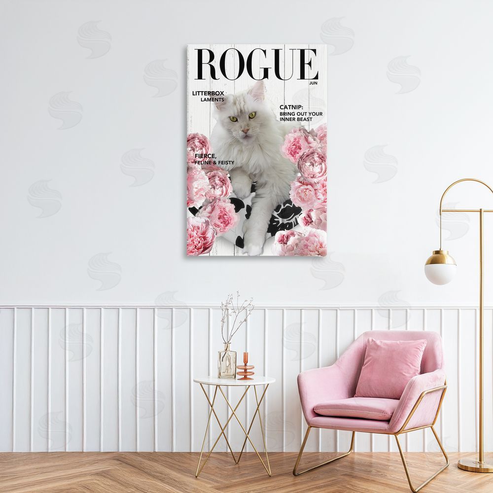 Sasha Funny Floral Cat Magazine Stretched Canvas Wall Art Print in Room