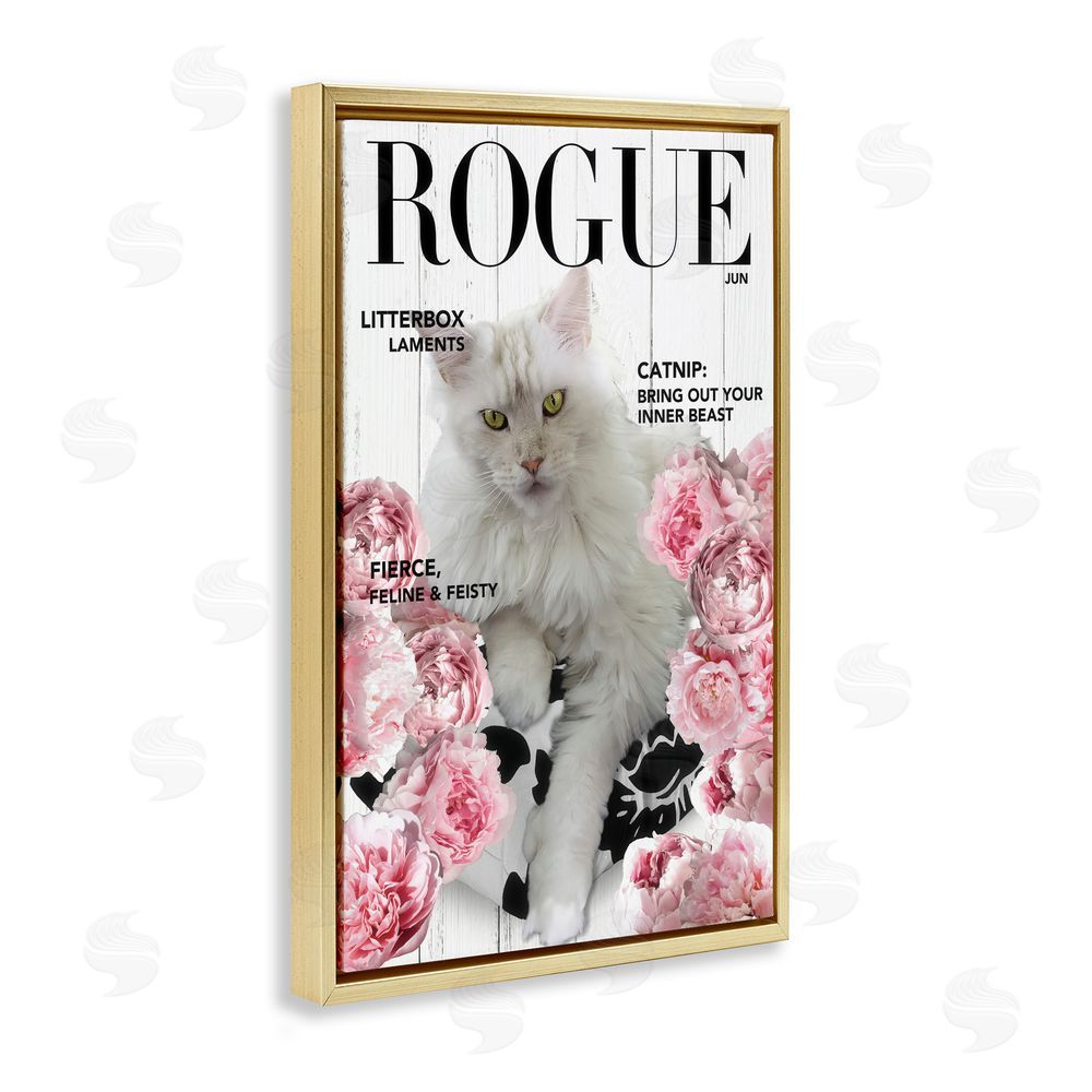 Sasha Funny Floral Cat Magazine Gold Floating Frame Canvas Wall Art Print