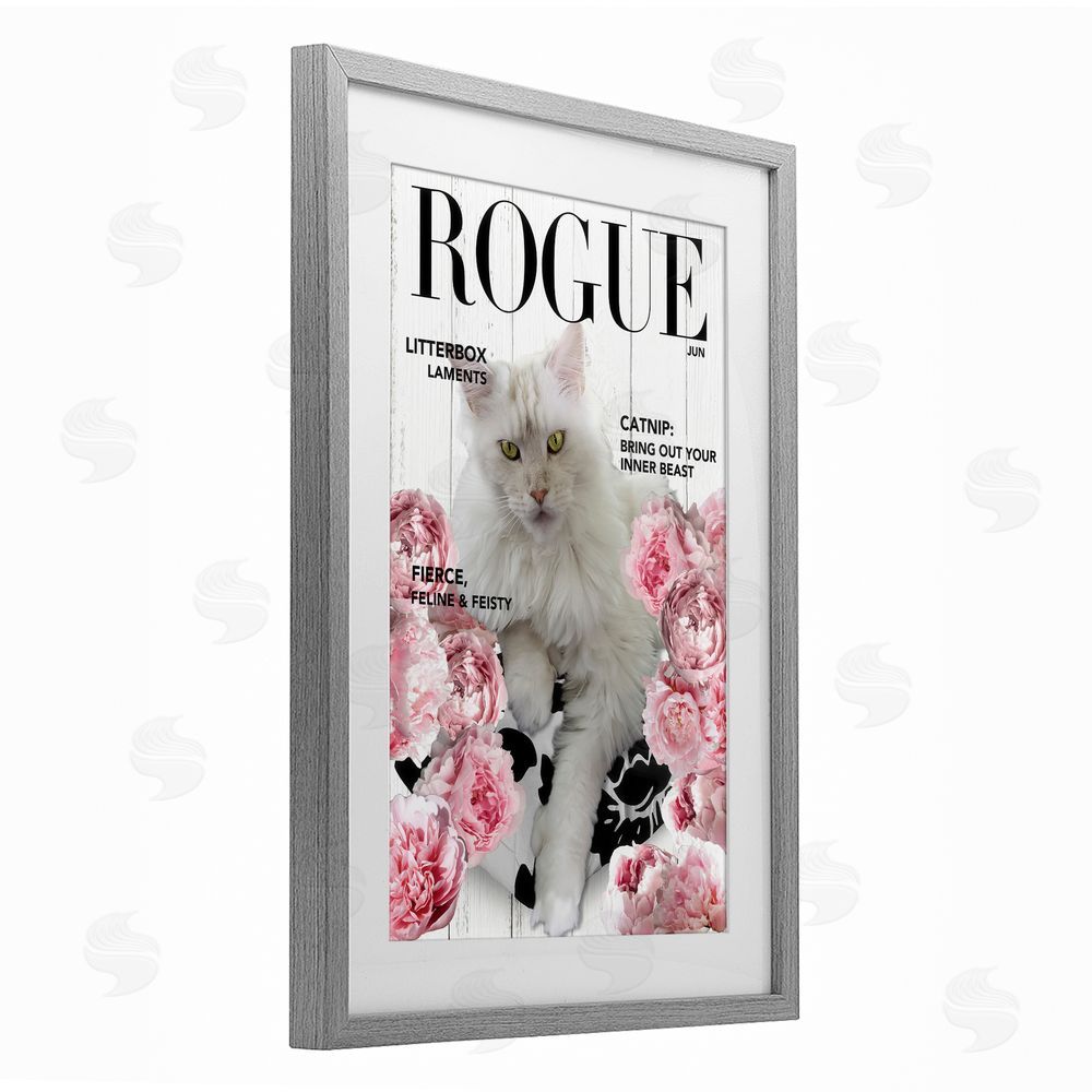 Sasha Funny Floral Cat Magazine Gray Framed Print Under Glass Wall Art