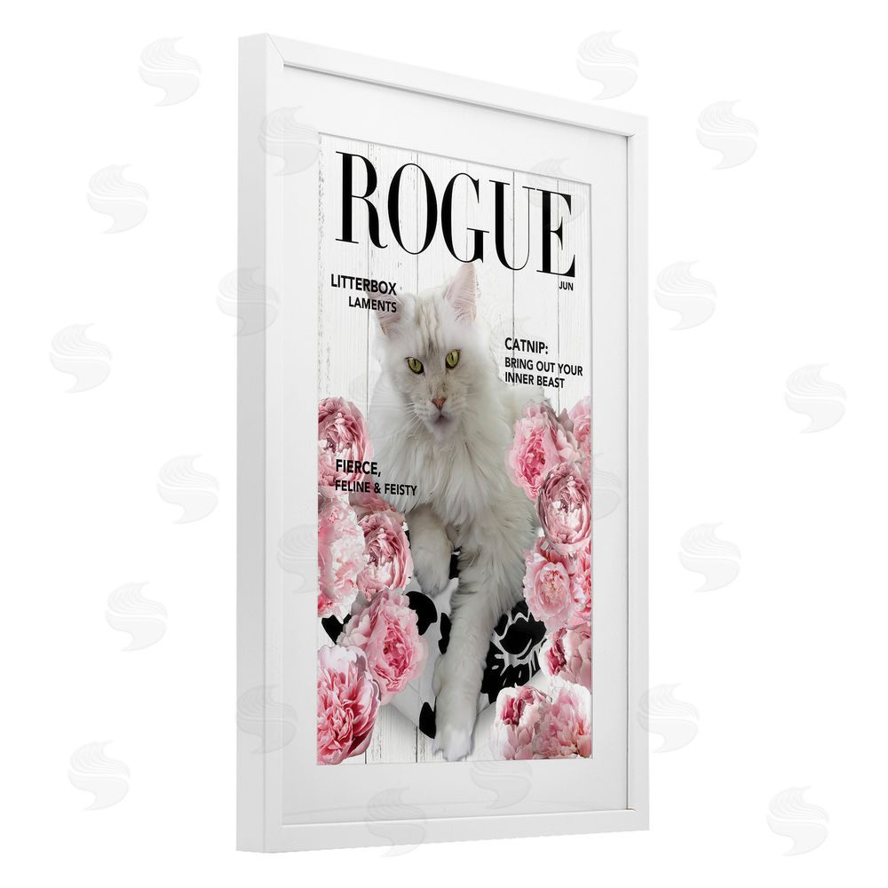 Sasha Funny Floral Cat Magazine White Framed Print Under Glass Wall Art