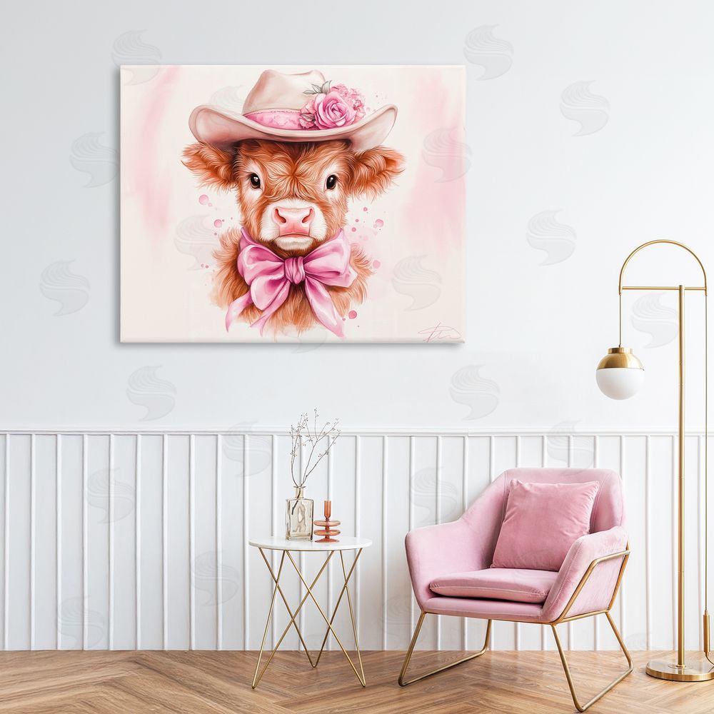 Shawna Stewart Pretty In Pink Cow Stretched Canvas Wall Art Print in Room
