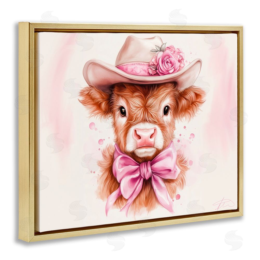Shawna Stewart Pretty In Pink Cow Gold Floating Frame Canvas Wall Art Print