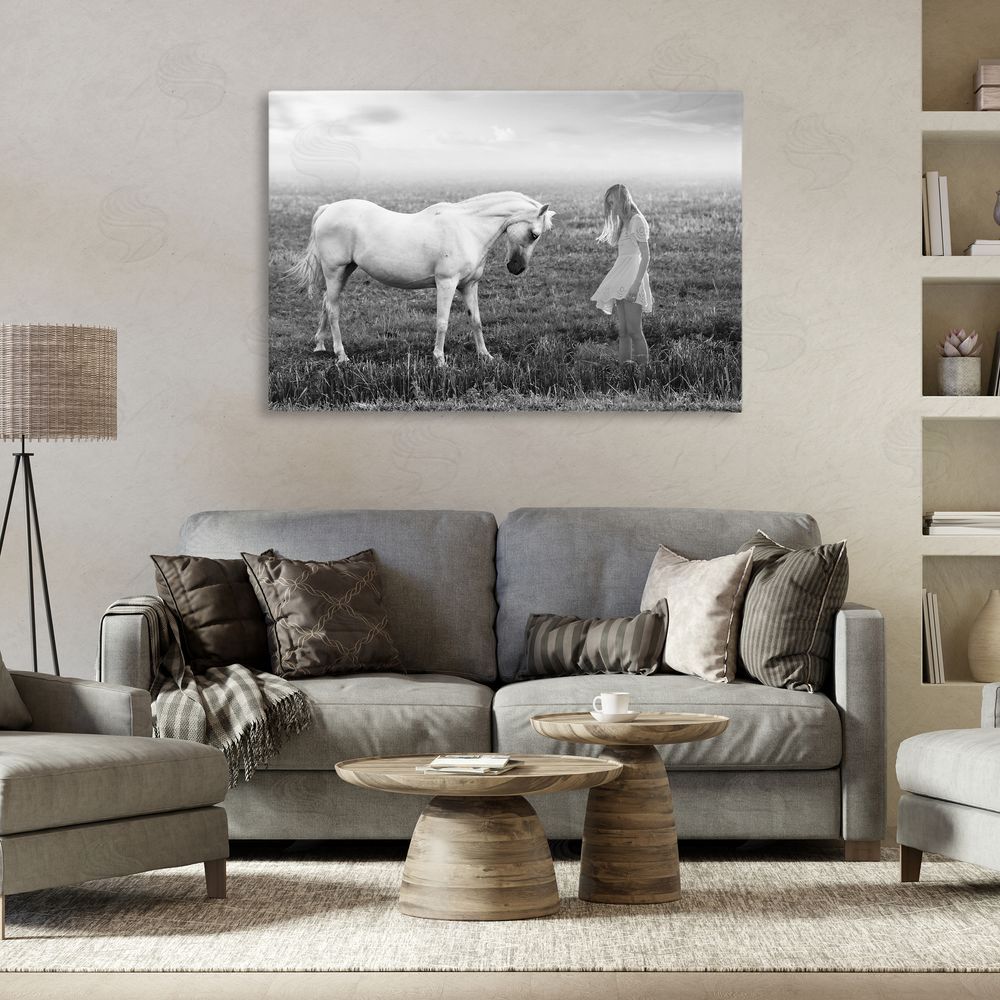 Ata Alishahi Her White Horse Stretched Canvas Wall Art Print in Room