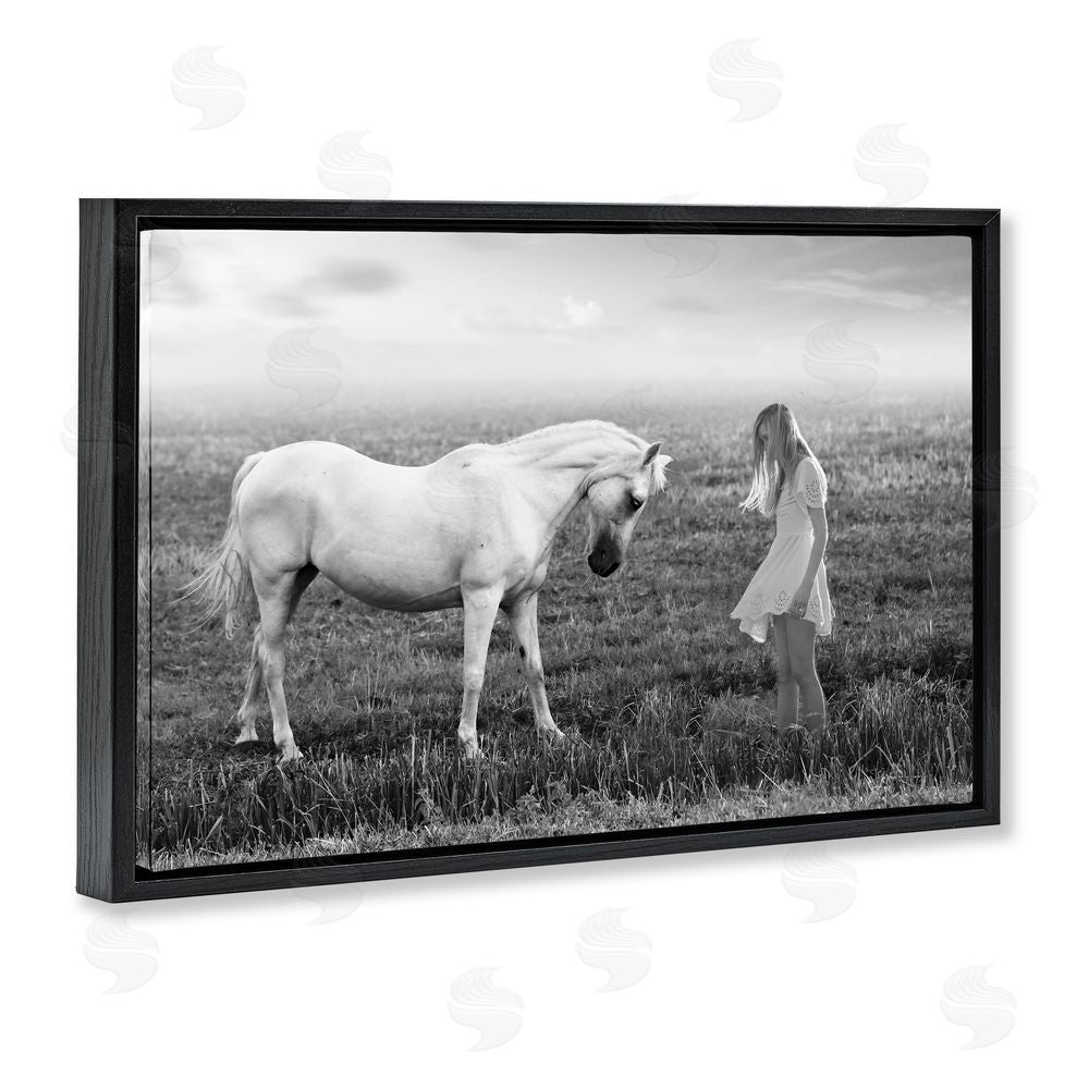 Ata Alishahi Her White Horse Black Floating Frame Canvas Wall Art Print
