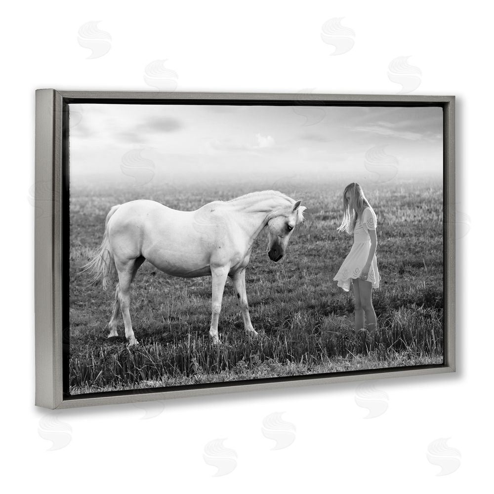 Ata Alishahi Her White Horse Gray Floating Frame Canvas Wall Art Print