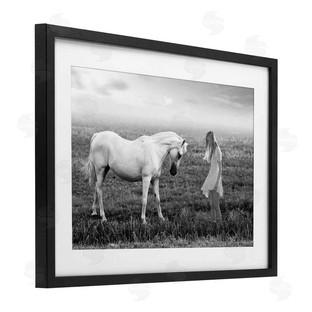 Ata Alishahi Her White Horse Black Framed Print Under Glass Wall Art