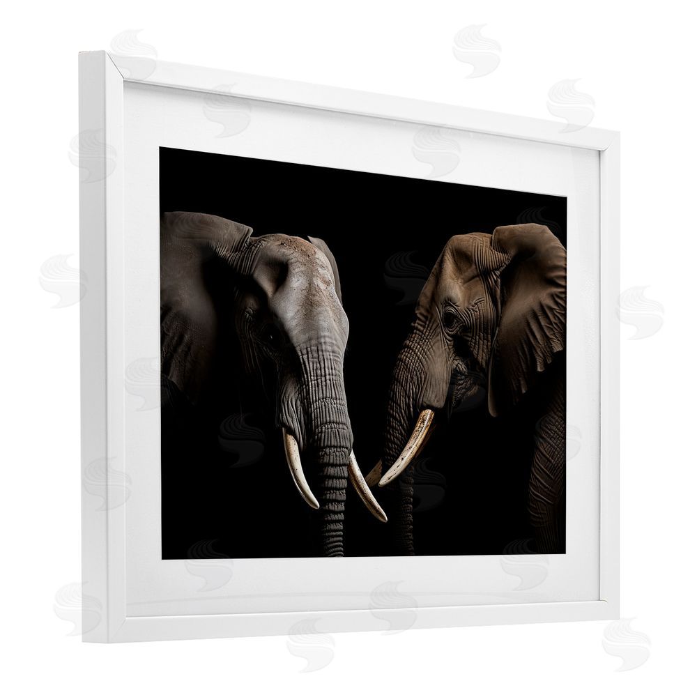 Decent Exposures Pachyderm Elephant Pair  White Framed Print Under Glass Wall Art