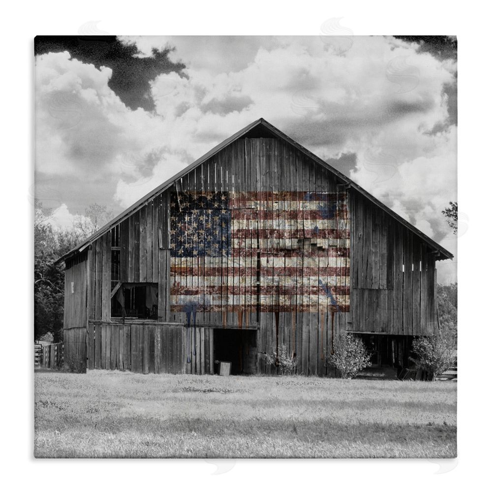 Decent Exposures USA Flag Monochrome Barn Stretched Canvas Wall Art Print