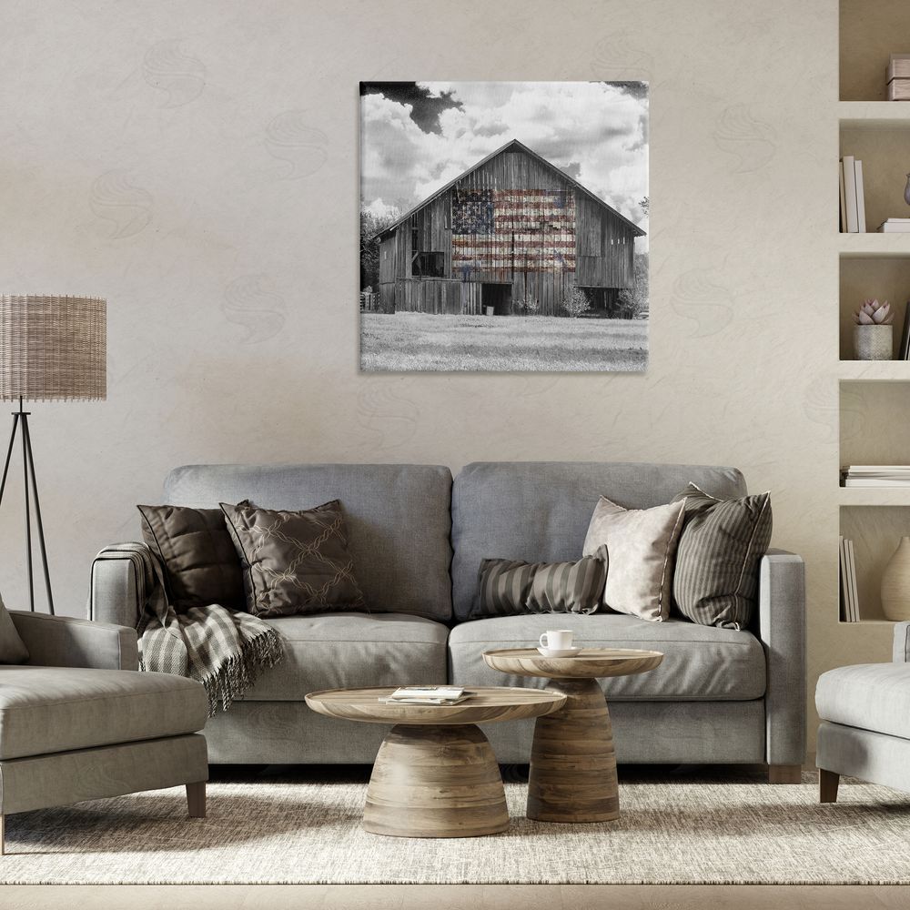 Decent Exposures USA Flag Monochrome Barn Stretched Canvas Wall Art Print in Room