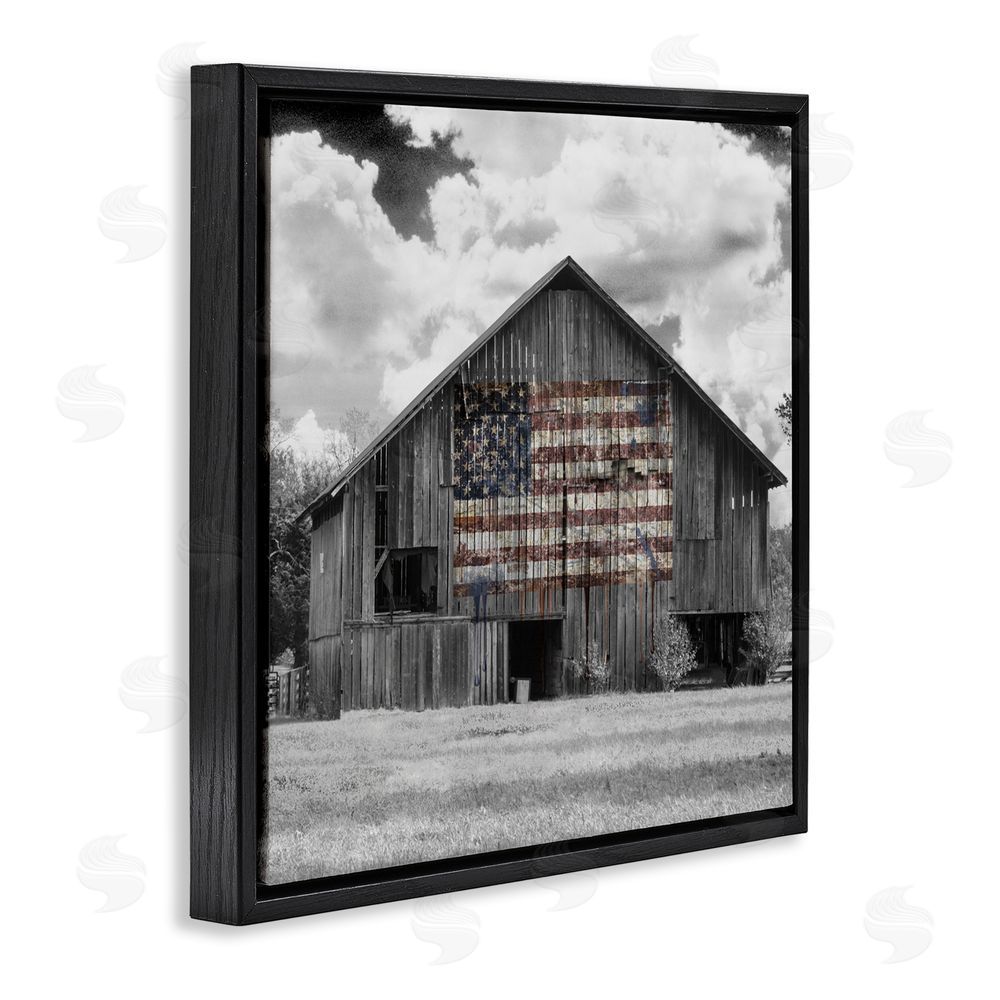 Decent Exposures USA Flag Monochrome Barn Black Floating Frame Canvas Wall Art Print