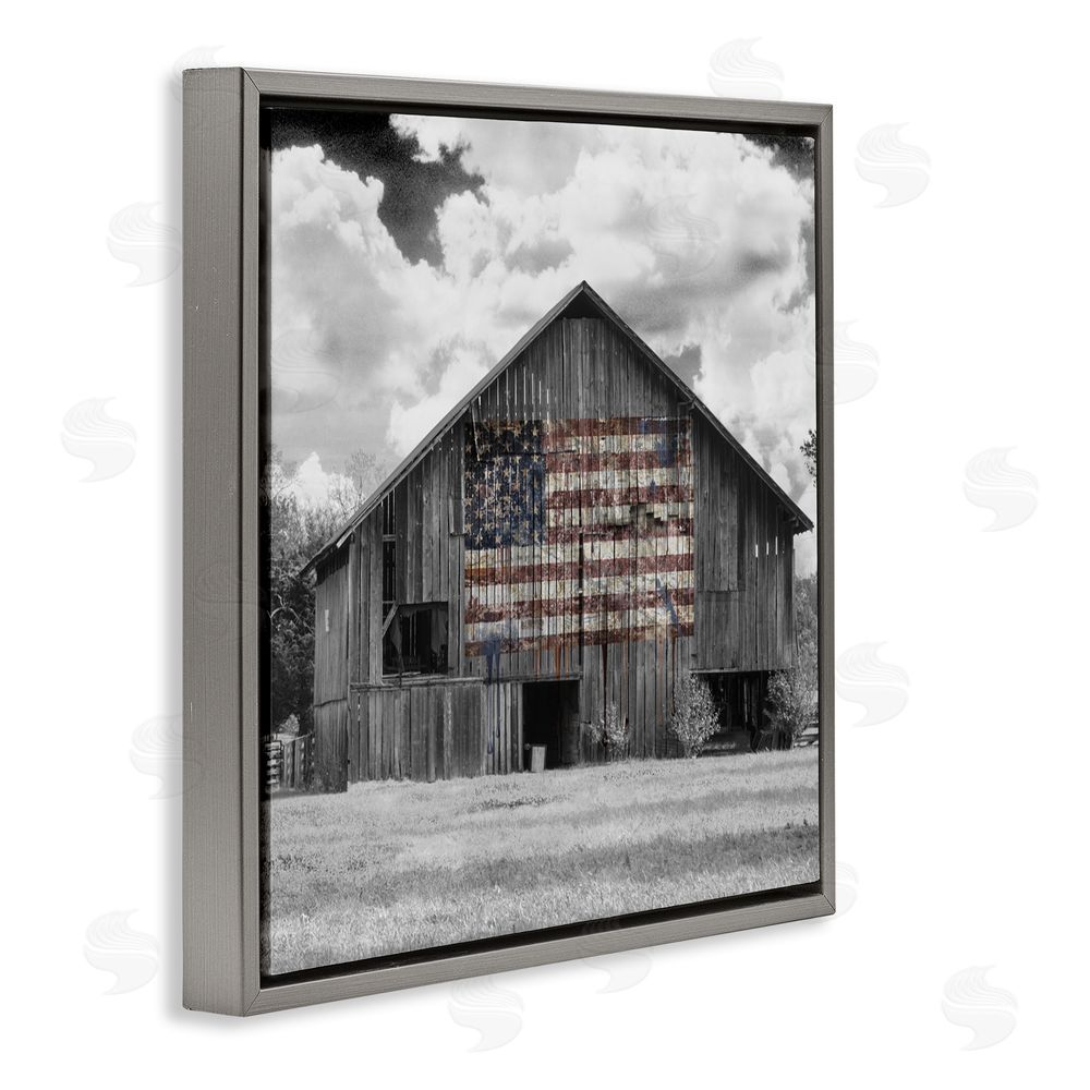 Decent Exposures USA Flag Monochrome Barn Gray Floating Frame Canvas Wall Art Print