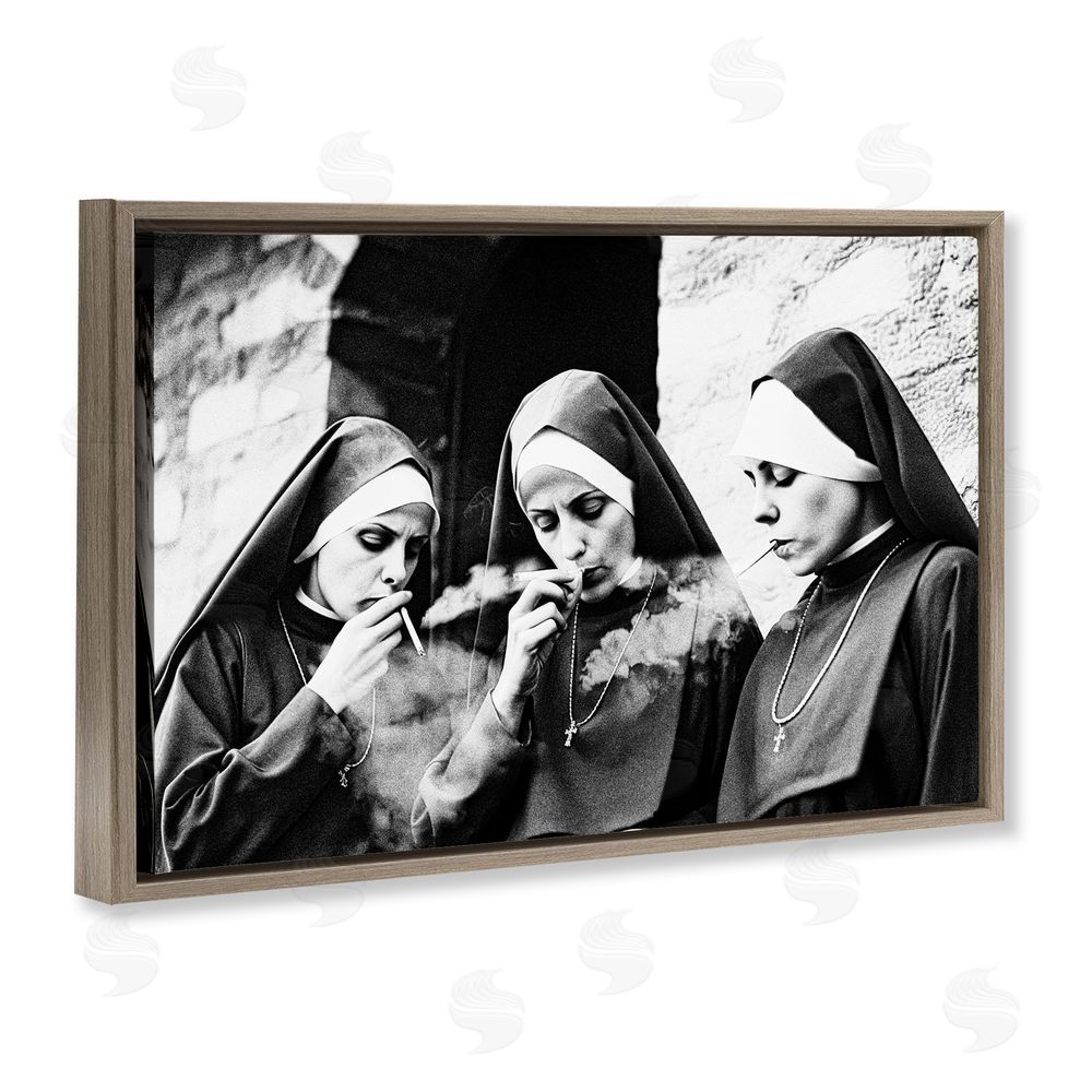 Decent Exposures Smoking Nuns Rebellion Brown Floating Frame Canvas Wall Art Print