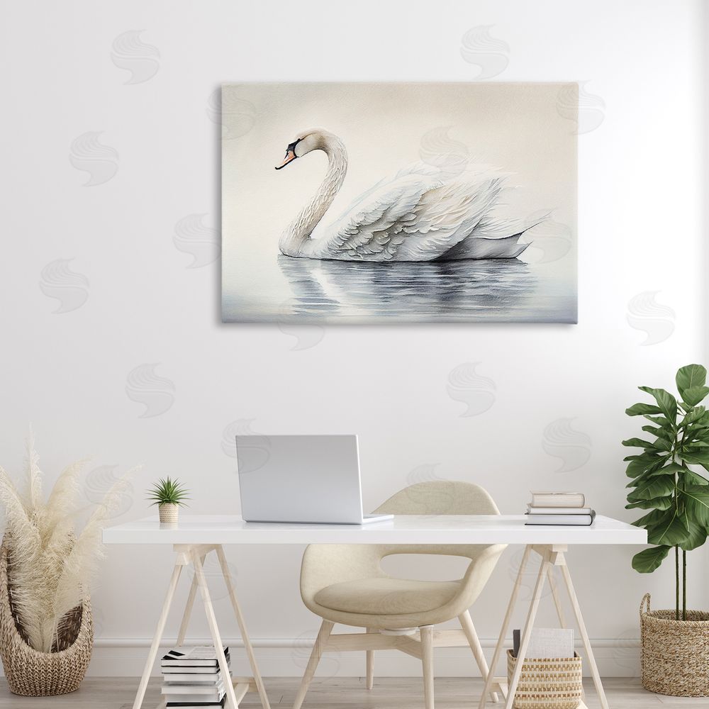 Sasha Elegant Floating Swan Stretched Canvas Wall Art Print in Room