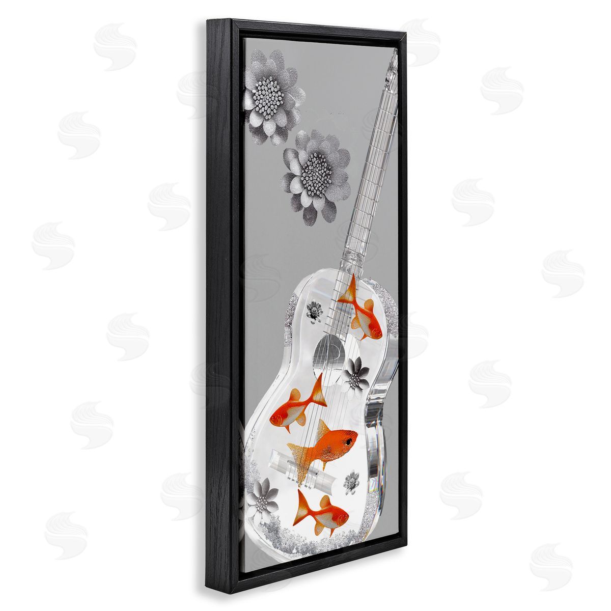 Sasha Sparkle Fish Guitar and Flowers Black Floating Frame Canvas Wall Art Print