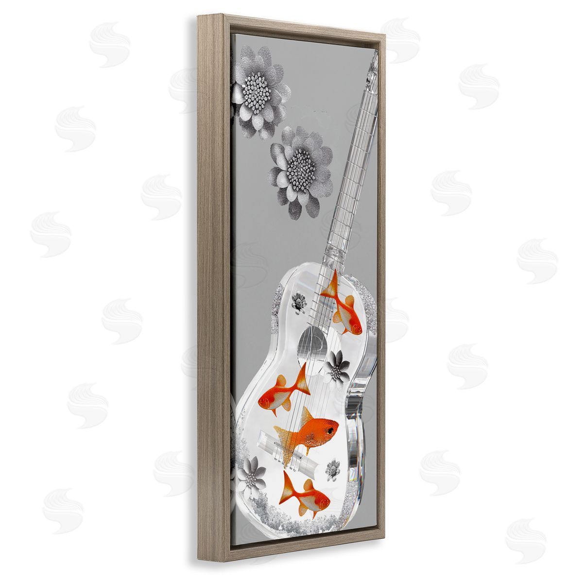 Sasha Sparkle Fish Guitar and Flowers Brown Floating Frame Canvas Wall Art Print