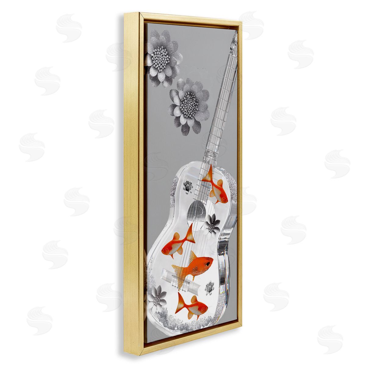 Sasha Sparkle Fish Guitar and Flowers Gold Floating Frame Canvas Wall Art Print