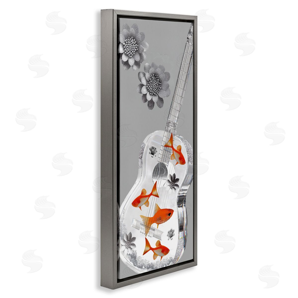 Sasha Sparkle Fish Guitar and Flowers Gray Floating Frame Canvas Wall Art Print