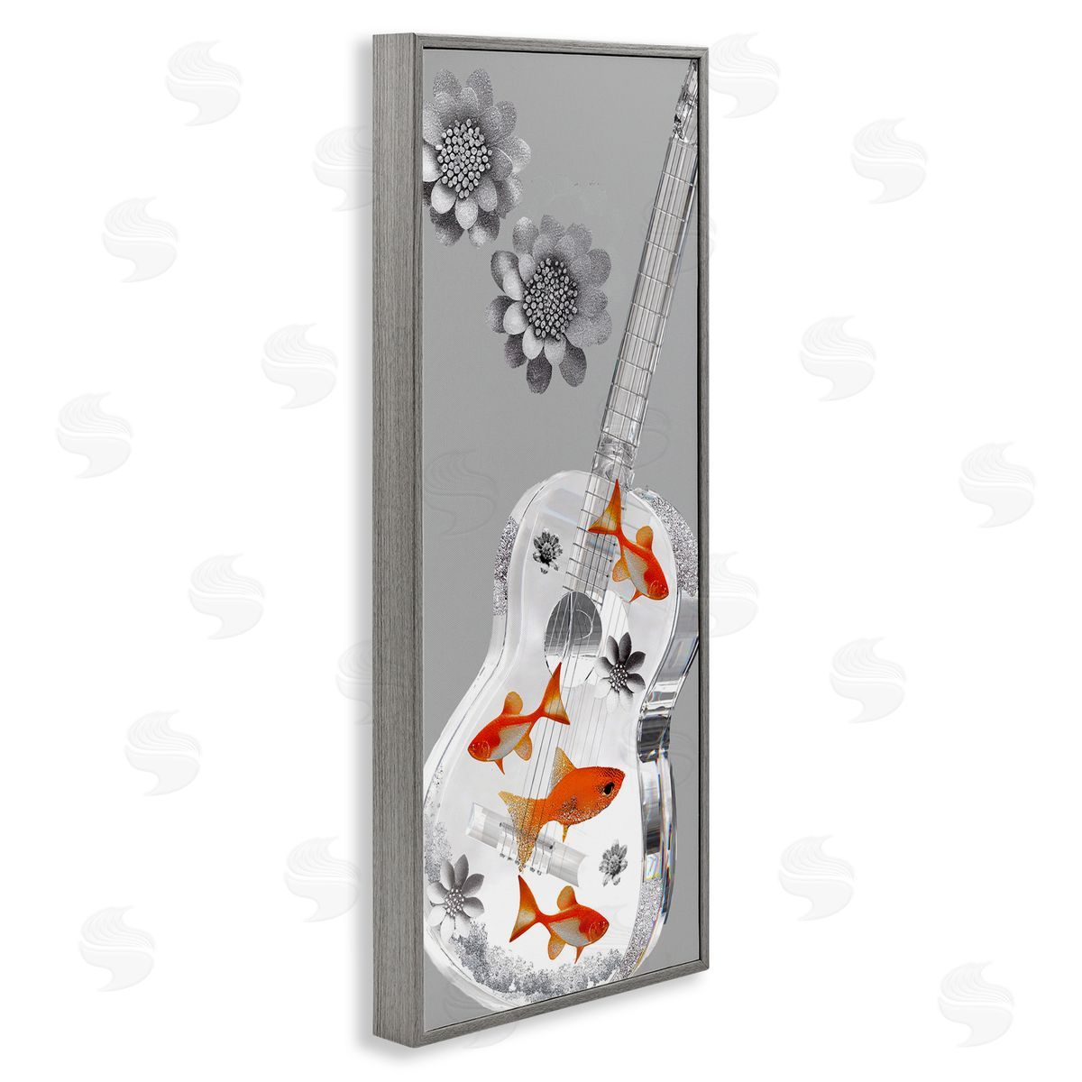 Sasha Sparkle Fish Guitar and Flowers Gray Framed Giclee Wall Art Print