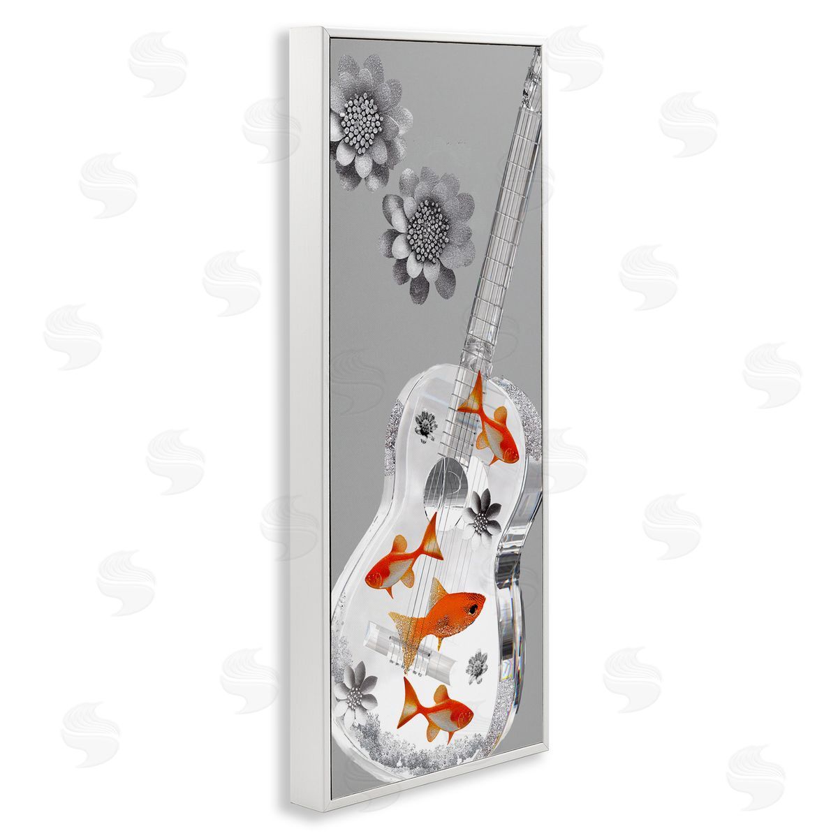 Sasha Sparkle Fish Guitar and Flowers White Framed Giclee Wall Art Print