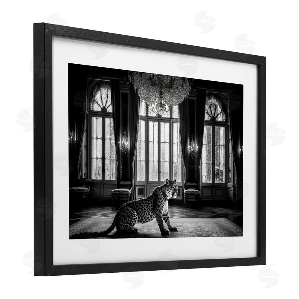 Decent Exposures Snow Leopard in Opulent Mansion Black Framed Print Under Glass Wall Art
