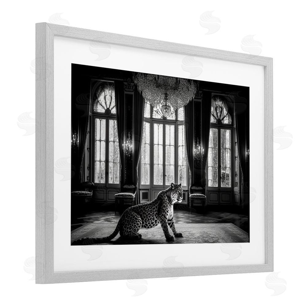 Decent Exposures Snow Leopard in Opulent Mansion Gray Framed Print Under Glass Wall Art