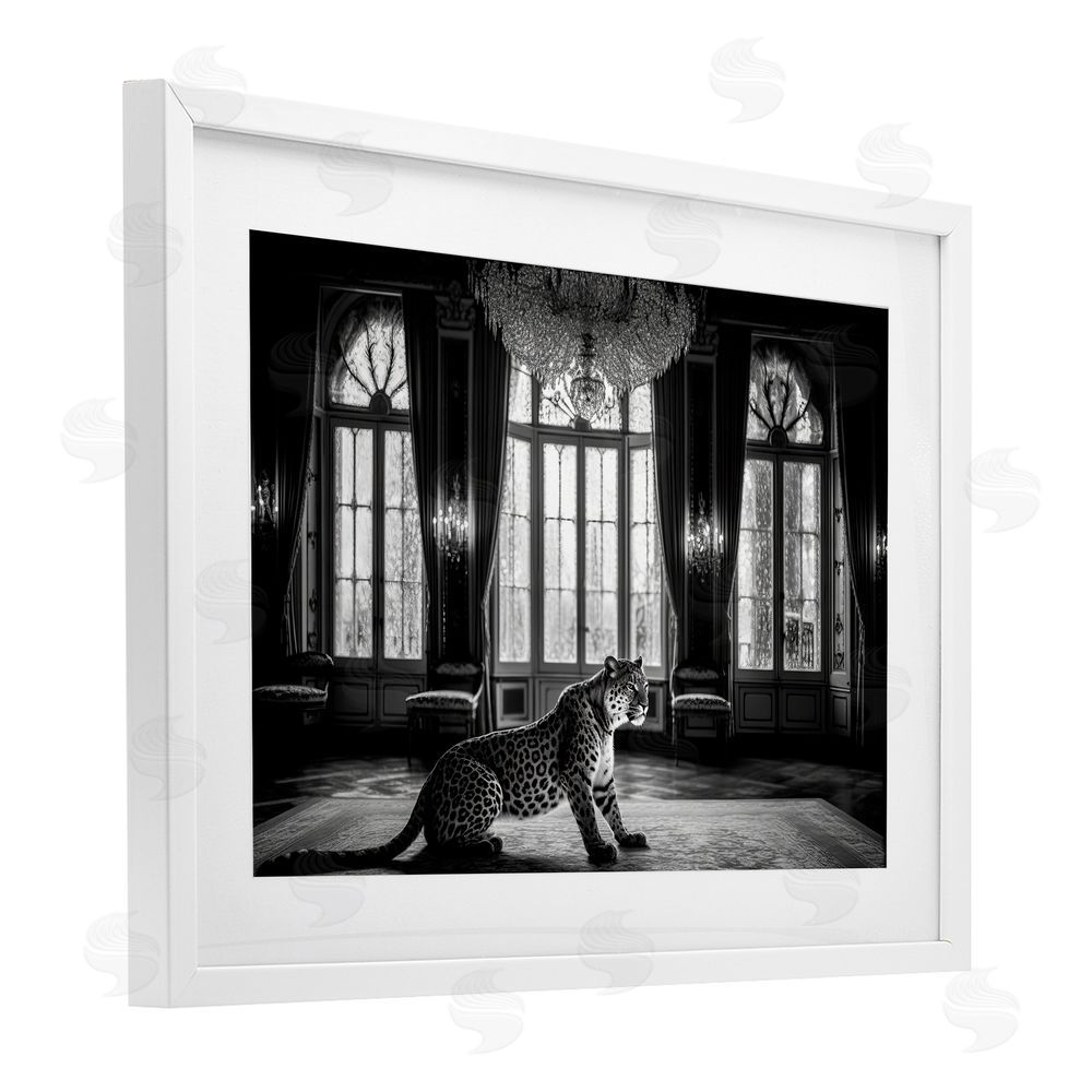 Decent Exposures Snow Leopard in Opulent Mansion White Framed Print Under Glass Wall Art