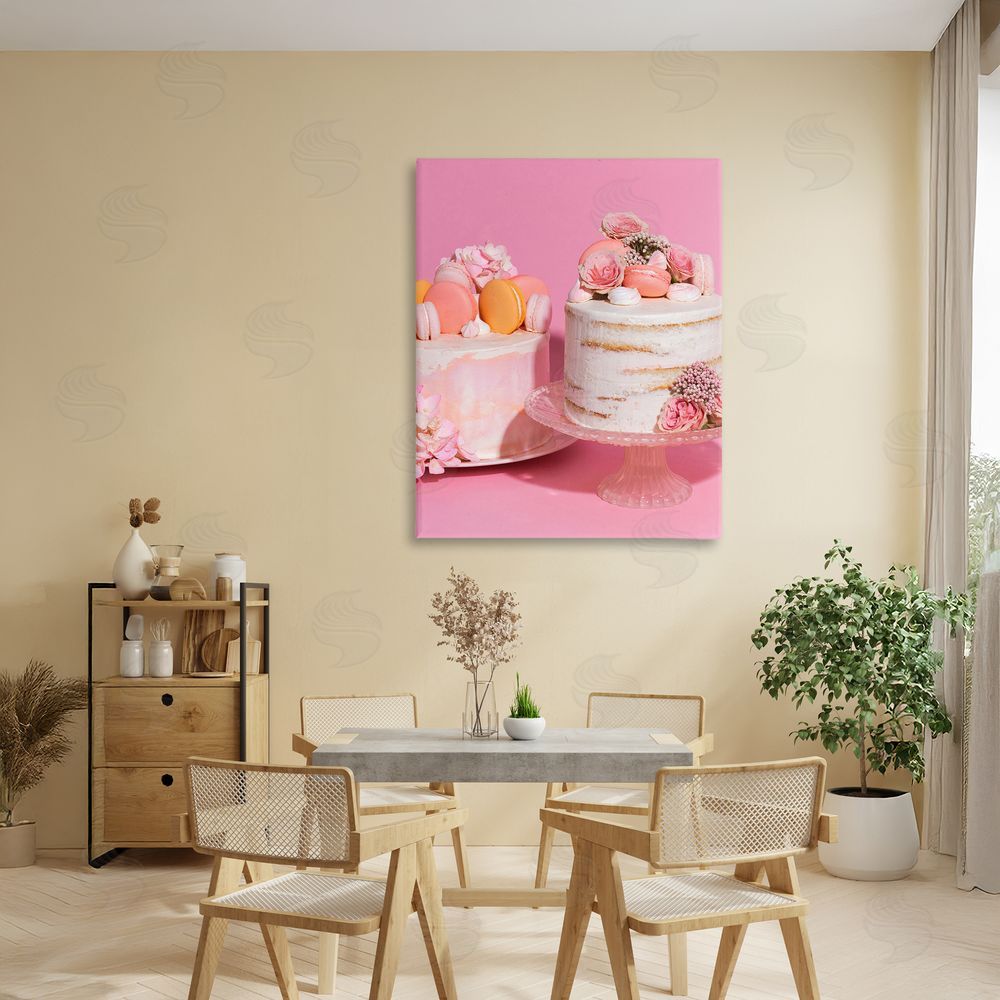 LISH Creative Pink Pastel Macaroon Cakes Stretched Canvas Wall Art Print in Room