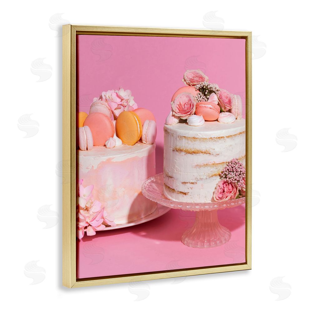 LISH Creative Pink Pastel Macaroon Cakes Gold Floating Frame Canvas Wall Art Print