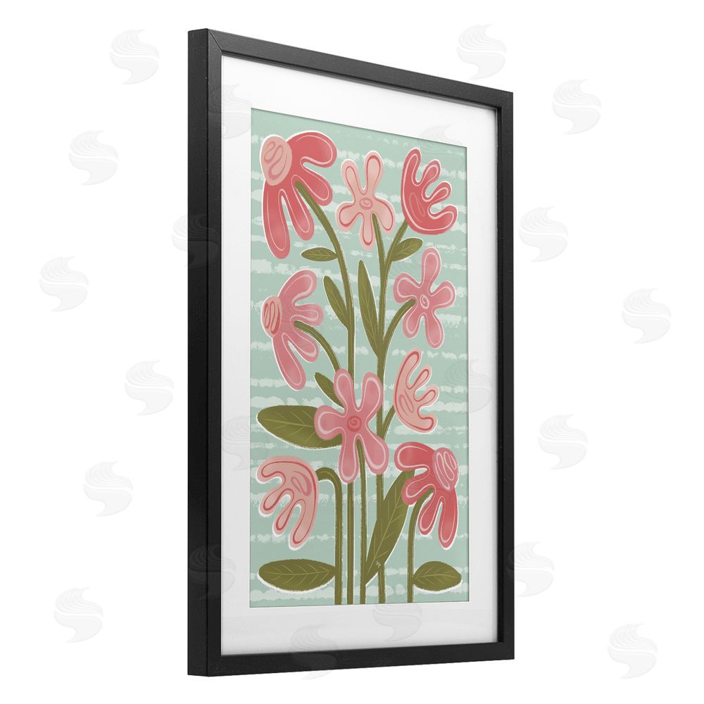 Martina Pavlova Pink Whimsy Midcentury Flowers Black Framed Print Under Glass Wall Art