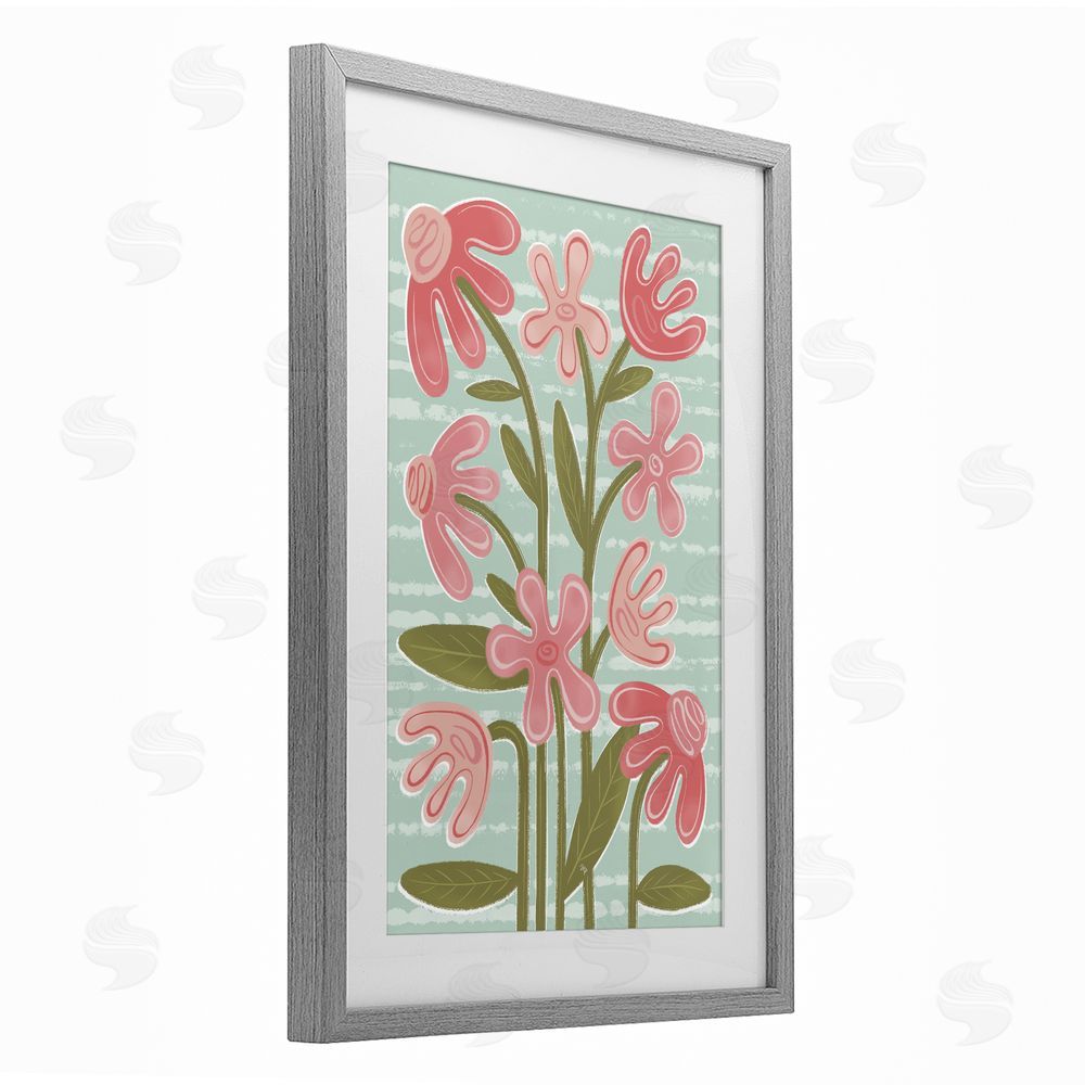 Martina Pavlova Pink Whimsy Midcentury Flowers Gray Framed Print Under Glass Wall Art