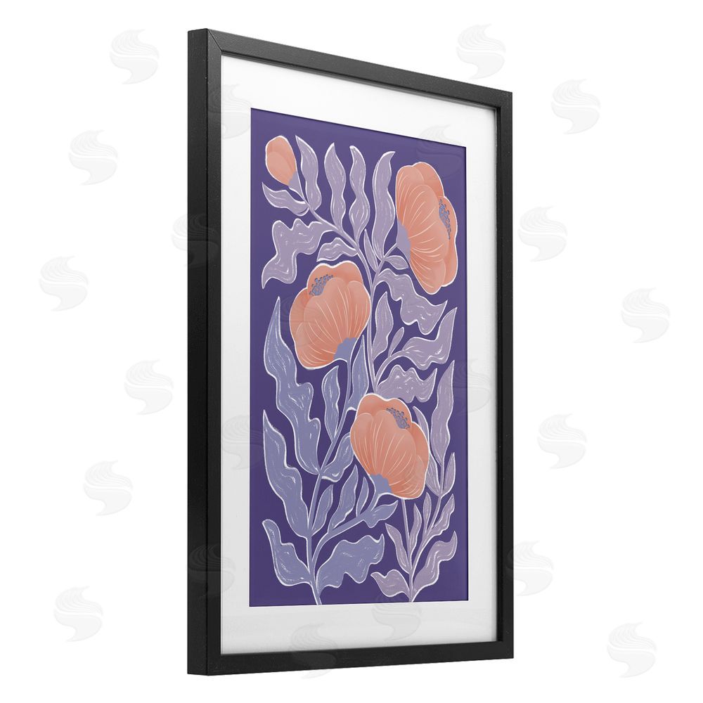 Martina Pavlova Midcentury Purple Poppies Black Framed Print Under Glass with Mat Wall Art