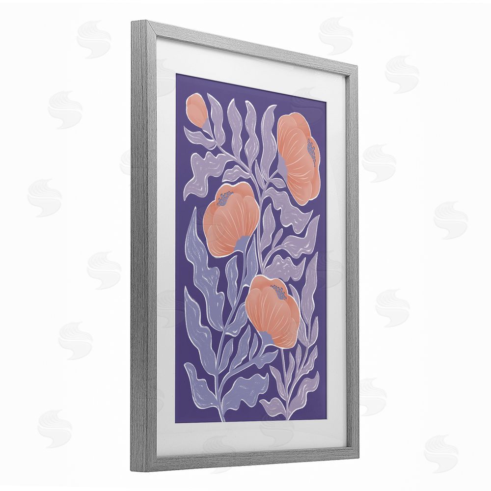 Martina Pavlova Midcentury Purple Poppies Gray Framed Print Under Glass with Mat Wall Art