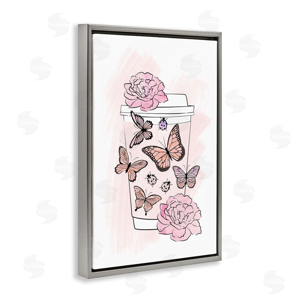 Martina Pavlova Romantic Coffee & Butterflies Gray Floating Frame Canvas Wall Art Print