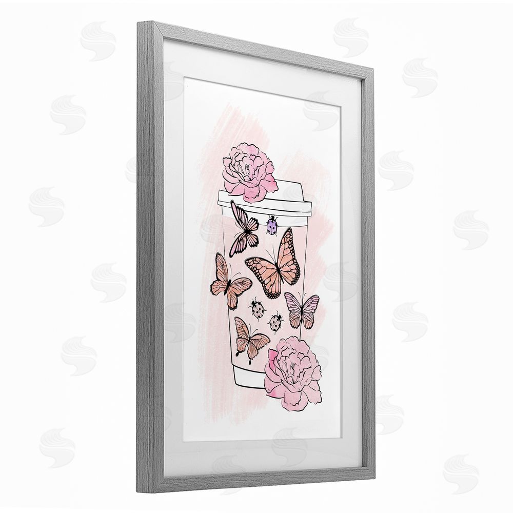 Martina Pavlova Romantic Coffee & Butterflies Gray Framed Print Under Glass Wall Art