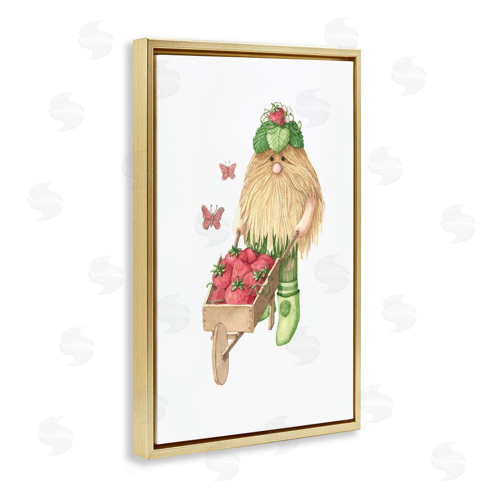 Nancy Overton Garden Elf with Wheelbarrow Gold Floating Frame Canvas Wall Art Print