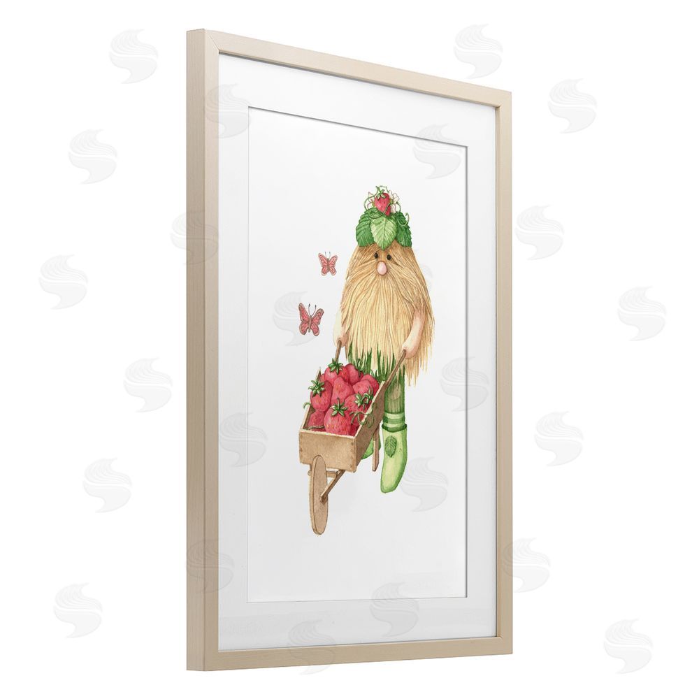 Nancy Overton Garden Elf with Wheelbarrow Birch Framed Print Under Glass Wall Art