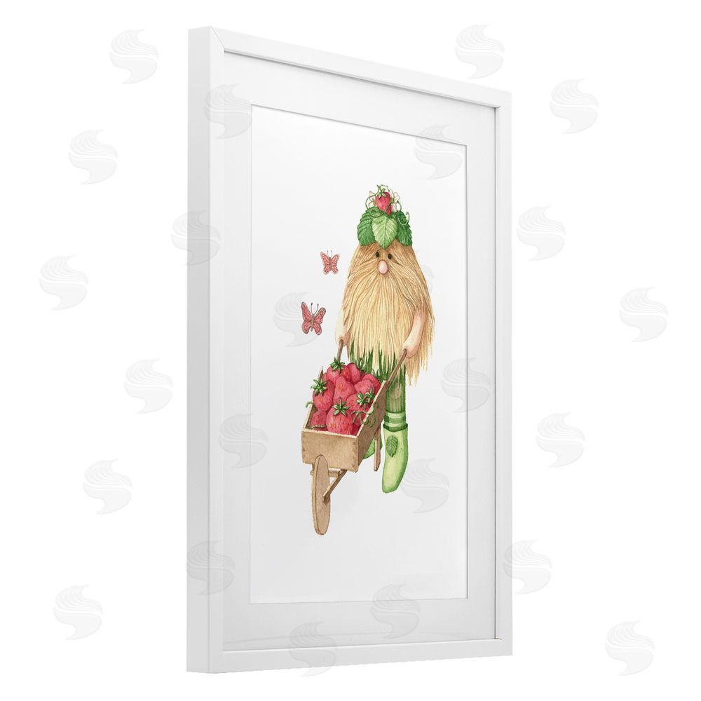 Nancy Overton Garden Elf with Wheelbarrow White Framed Print Under Glass Wall Art