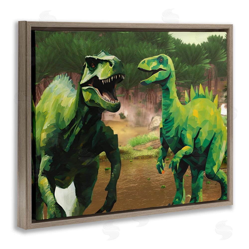 Jesse Keith Green Jungle Dinosaurs Brown Floating Frame Canvas Wall Art Print
