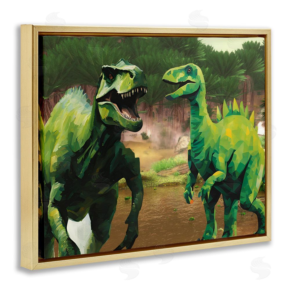 Jesse Keith Green Jungle Dinosaurs Gold Floating Frame Canvas Wall Art Print