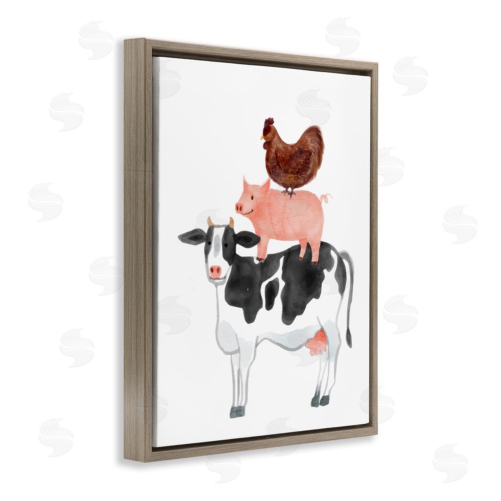 Kim Allen Farm Animal Stack Whimsy Brown Floating Frame Canvas Wall Art Print