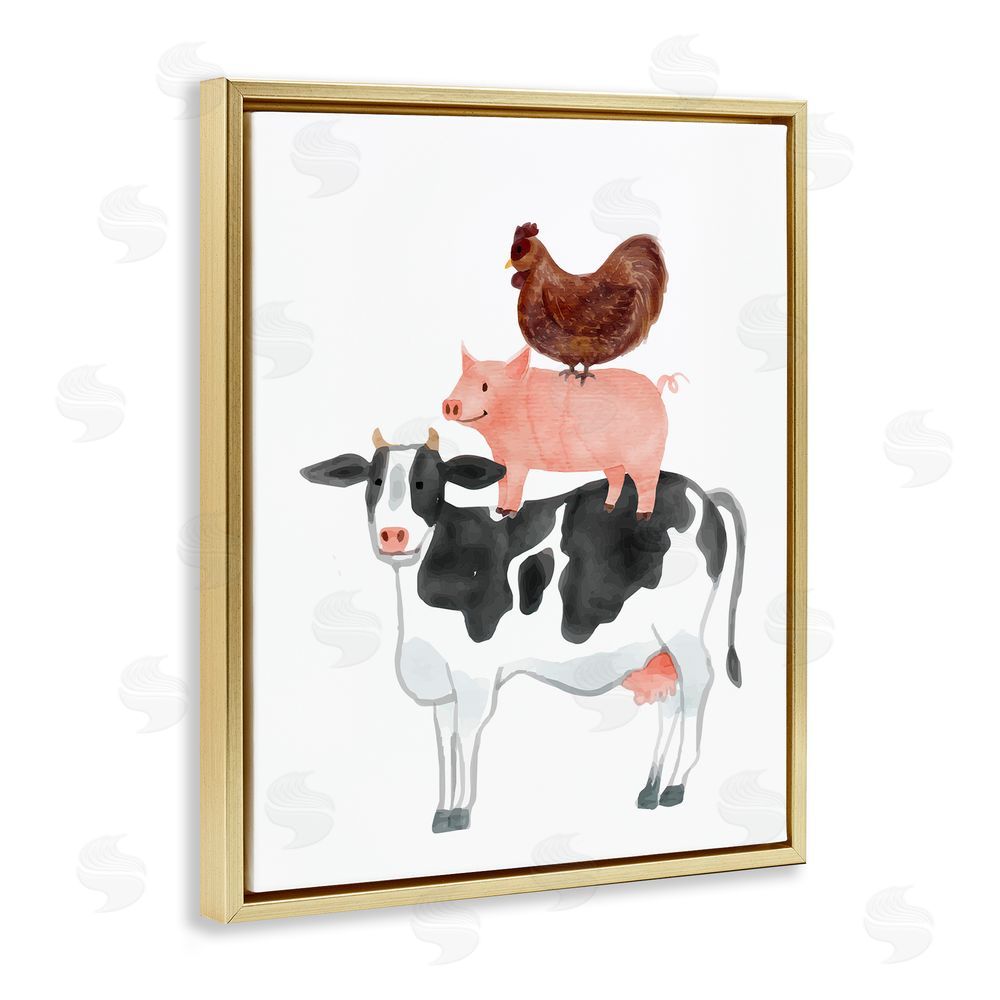 Kim Allen Farm Animal Stack Whimsy Gold Floating Frame Canvas Wall Art Print