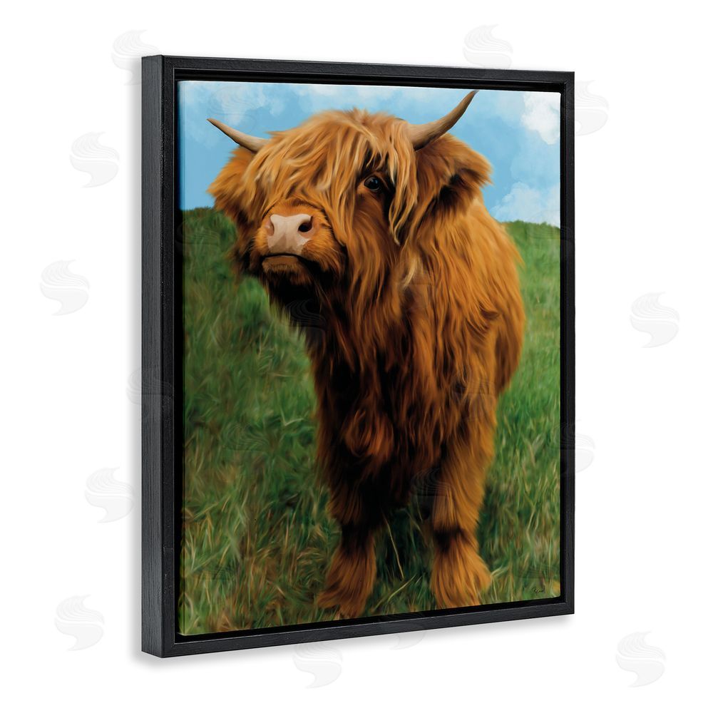 Renel Peters Mini Highland Cow Calf Black Floating Frame Canvas Wall Art Print