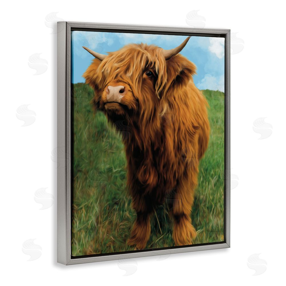 Renel Peters Mini Highland Cow Calf Gray Floating Frame Canvas Wall Art Print