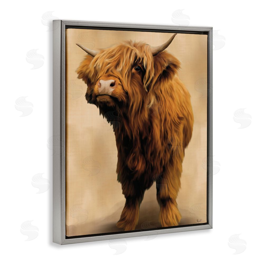 Renel Peters Mini Highland Cow on Neutrals Gray Floating Frame Canvas Wall Art Print