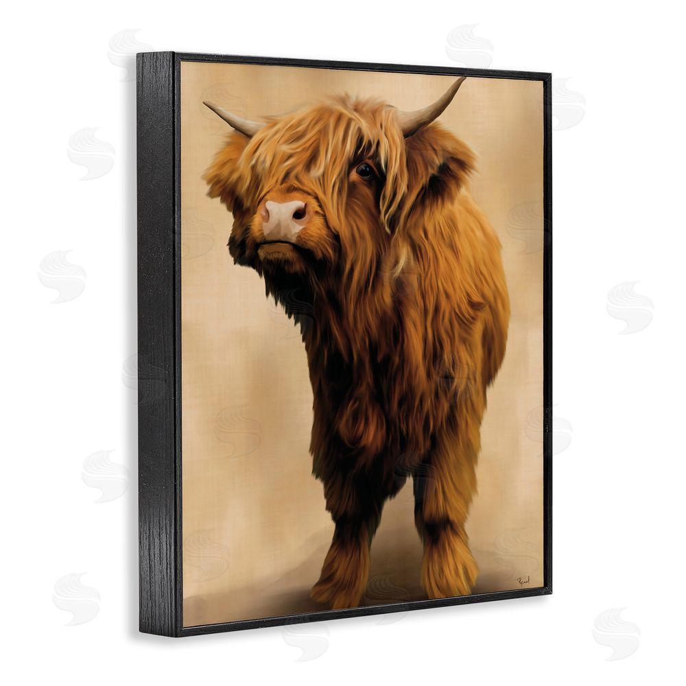 Renel Peters Mini Highland Cow on Neutrals Black Framed Giclee Wall Art Print