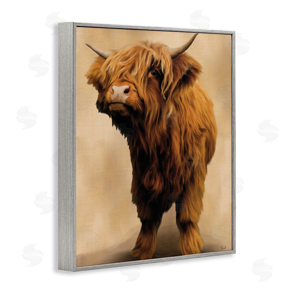 Renel Peters Mini Highland Cow on Neutrals Gray Framed Giclee Wall Art Print