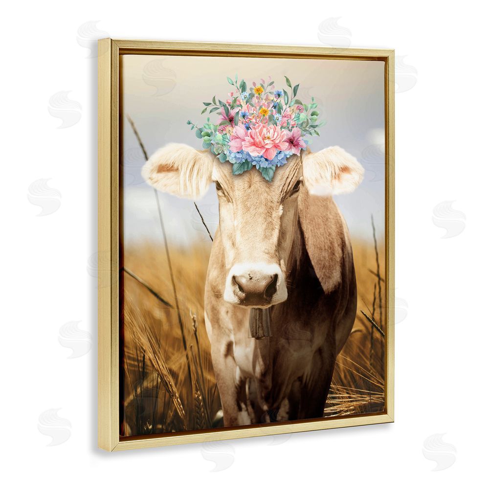 Marcus Prime Chatty Belle Cow with Florals Gold Floating Frame Canvas Wall Art Print