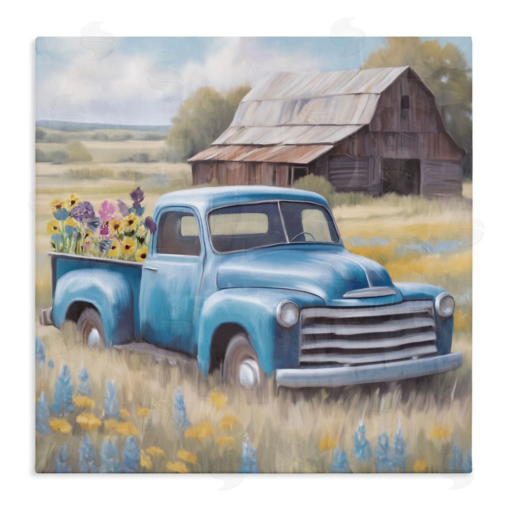 Kim Allen Flower Truck in Antique Blue Stretched Canvas Wall Art Print