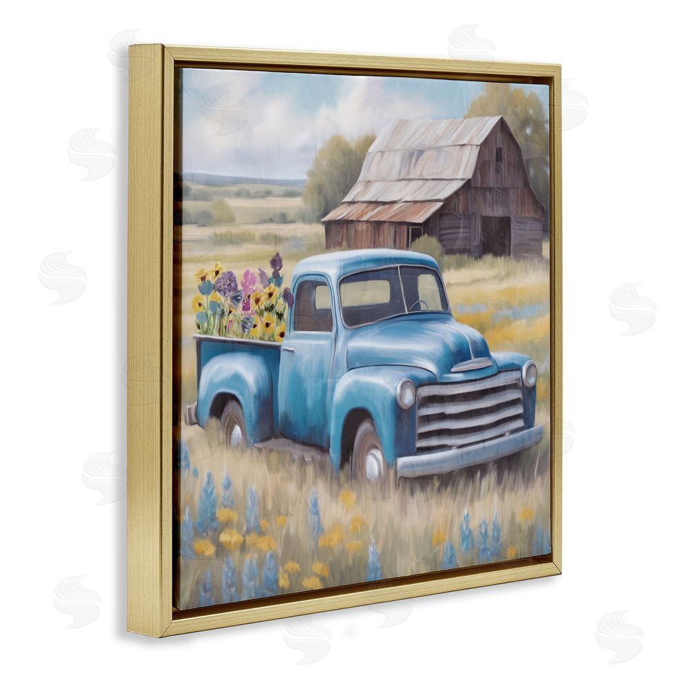 Kim Allen Flower Truck in Antique Blue Gold Floating Frame Canvas Wall Art Print