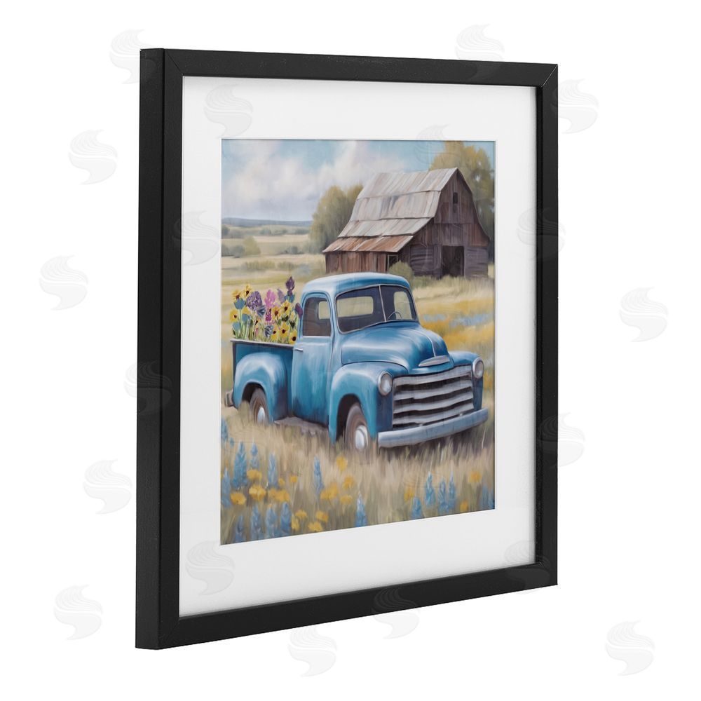Kim Allen Flower Truck in Antique Blue Black Framed Print Under Glass Wall Art